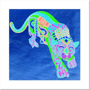 fluorescent tiger cat in mandala ecopop Posters and Art